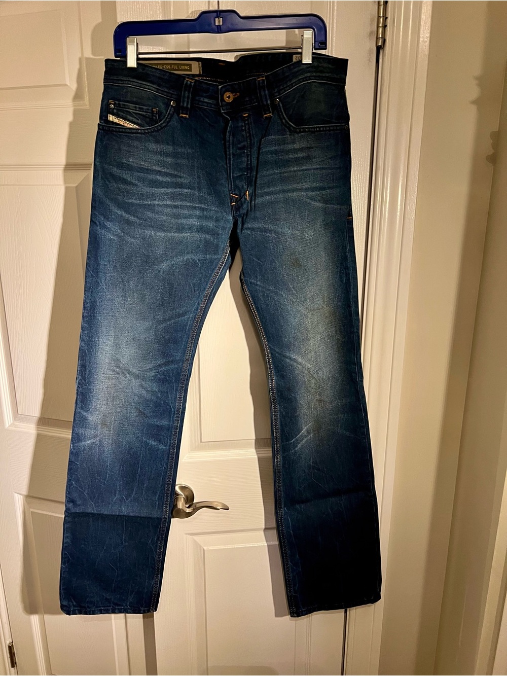 Diesel Men's Straight Jeans in Dark Wash Blue with Fading